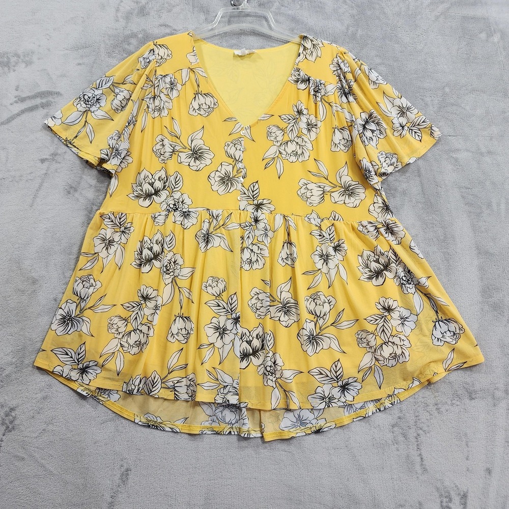 SirenLily Top Womens 1X Yellow Floral V-Neck Puff Sleeve Tunic Lined Babydoll